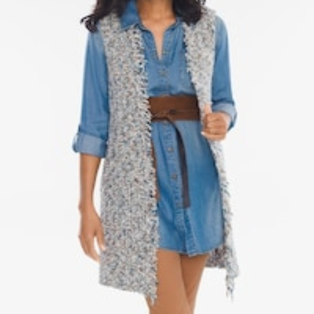 NEW CHICOS FRINGE VEST SWEATER SIZE 2 BROWN BLUE